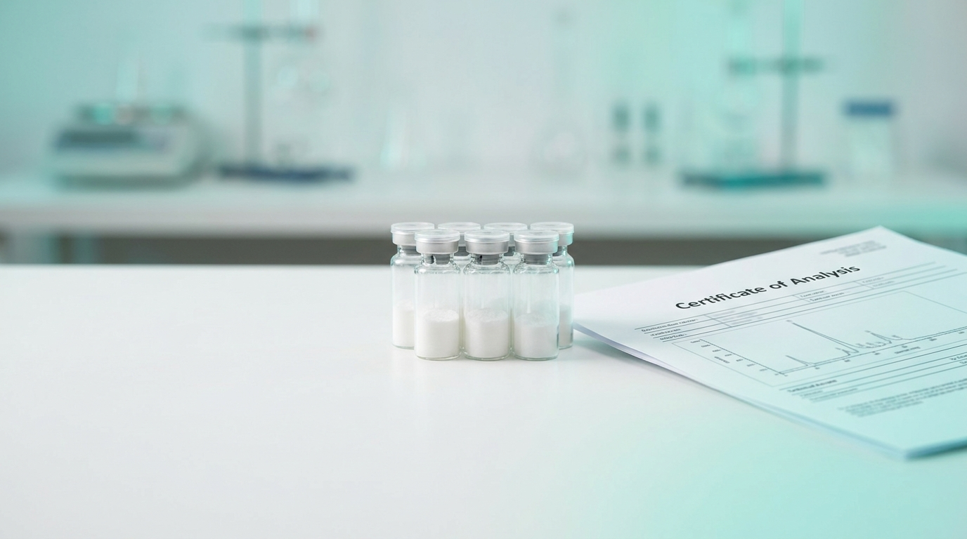 Research peptide vials with certificate of analysis