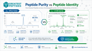 Infographic comparing peptide purity measured by RP-HPLC with peptide identity confirmed by LC-MS mass spectrum