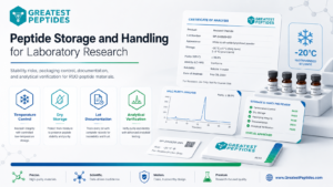 Infographic on peptide storage and handling showing temperature control, dry storage, lot documentation, and analytical verification
