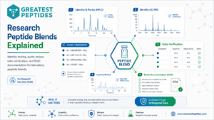 Infographic explaining research peptide blends, with HPLC and LC-MS traces and component ratio verification