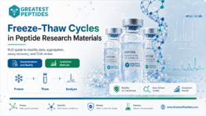 Infographic on freeze-thaw cycles in peptide research materials showing a freeze, thaw, and analyze workflow