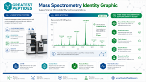 Infographic on mass spectrometry for peptide identity, showing an LC-MS instrument and a representative mass spectrum