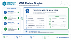 Infographic showing a peptide Certificate of Analysis beside a review checklist for batch, purity, identity, and storage fields