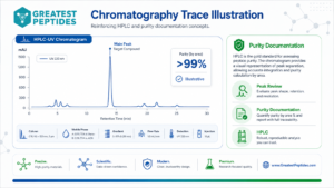 Infographic showing an HPLC-UV chromatogram with a labeled main peak and purity by area calculation