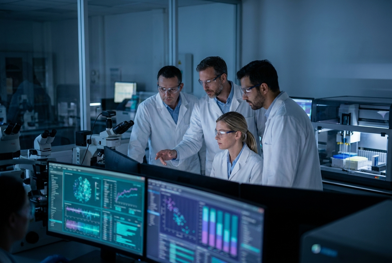 Team of scientists in lab coats reviewing analytical data on laboratory monitors