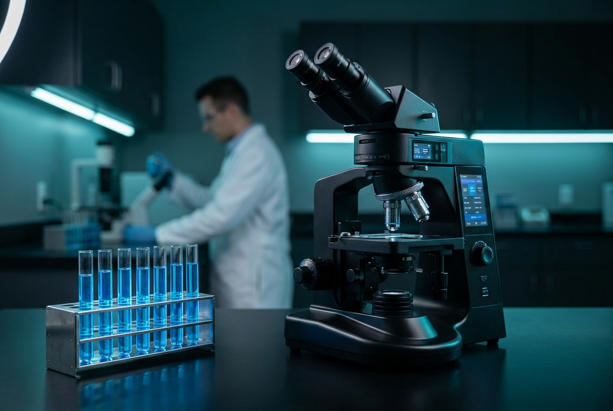 Laboratory microscope beside a rack of test tubes with a scientist working in the background