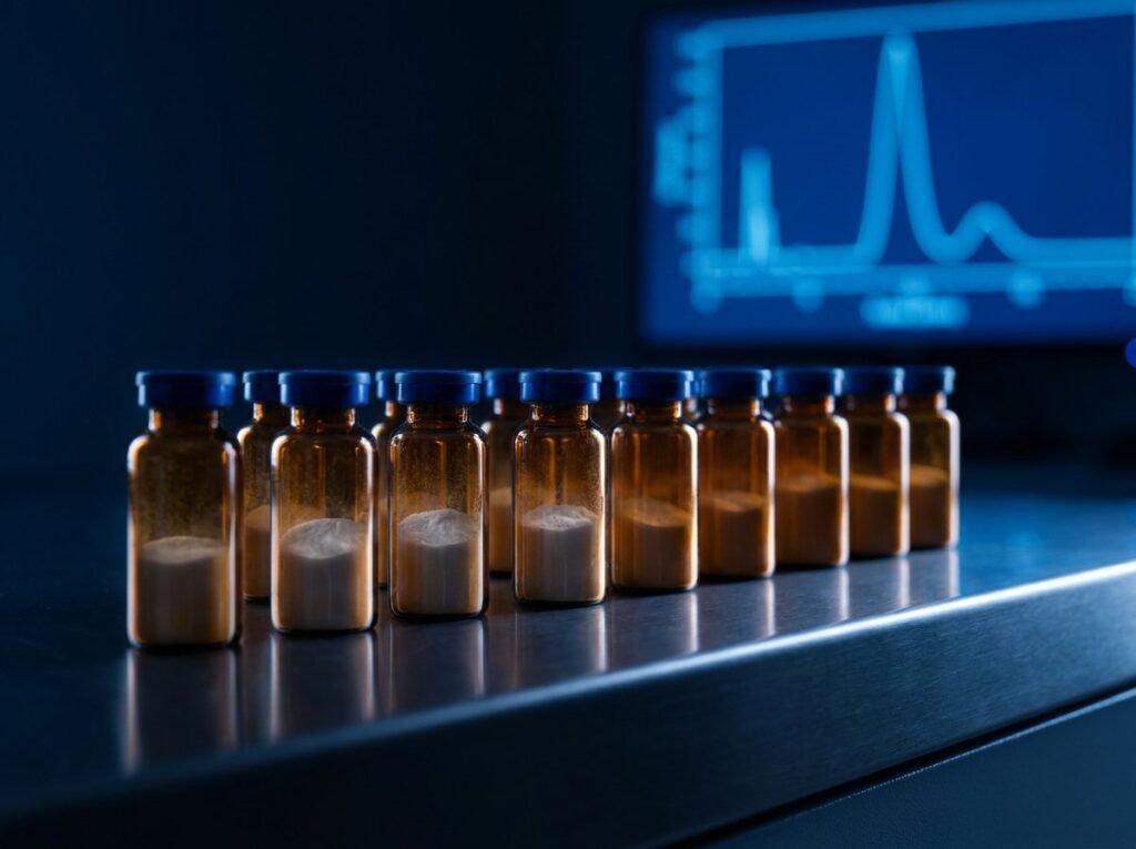 Row of amber peptide vials on a laboratory bench with a chromatogram displayed on a screen behind