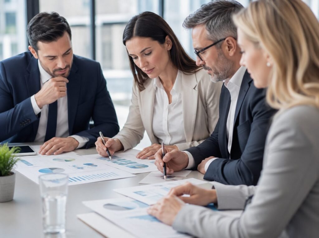Four professionals reviewing compliance documents and charts at a conference table