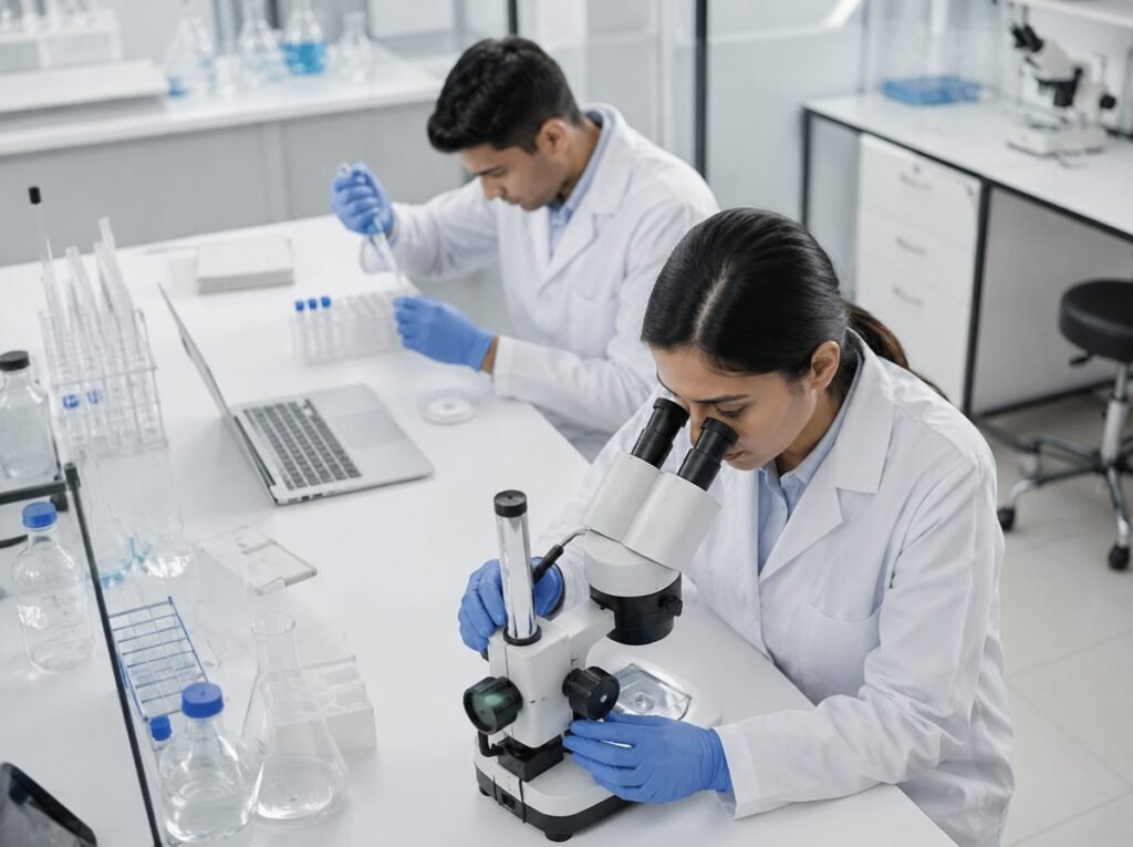 Two researchers working at a laboratory bench with a microscope and sample racks