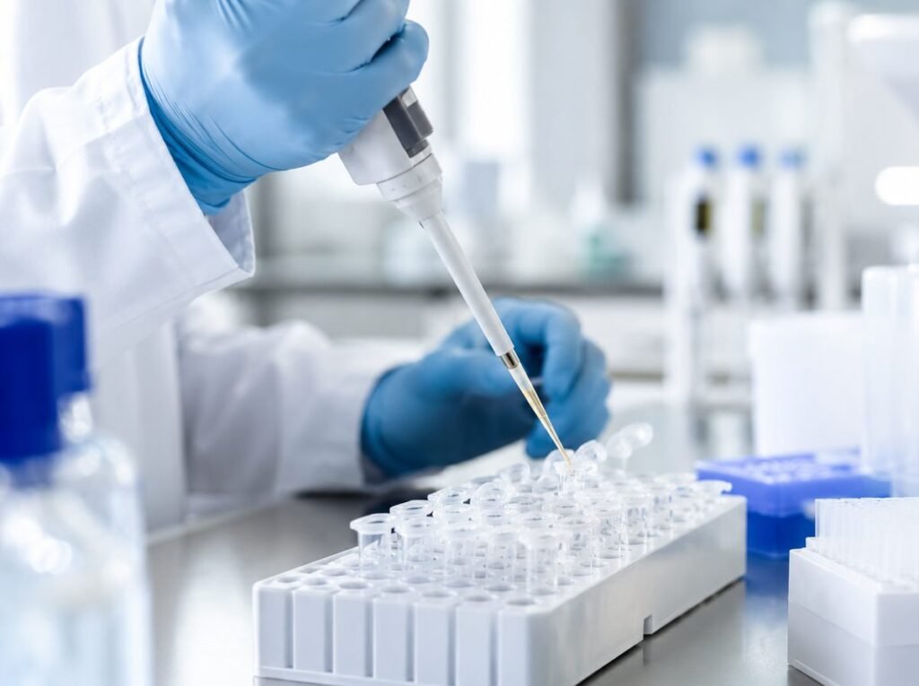 Gloved hand using a micropipette to transfer sample into a rack of laboratory tubes