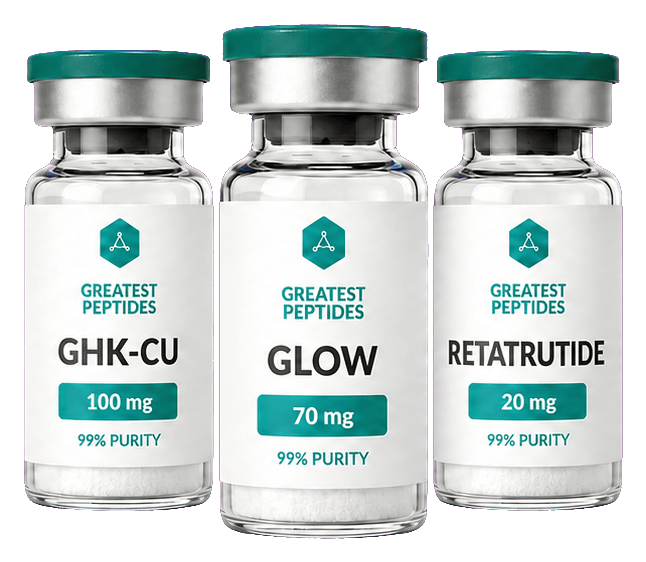 Three Greatest Peptides vials labeled GHK-Cu 100 mg, Glow 70 mg, and Retatrutide 20 mg
